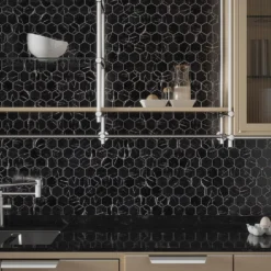 Hollow 2 in. Hex Black 12.375 in. x 10.75 in. Hexagon Gloss Glass Mosaic Wall Tile (18.47 sq. ft./Case) by Jeffrey Court -The Elite Tile Sales Store black jeffrey court glass tile 13068 31 1000