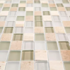 Cottage Ridge Cream 11.625 in. x 11.625 in. Mixed Glass Travertine and Glass Mosaic Tile (9.38 sq. ft./Case) by Jeffrey Court -The Elite Tile Sales Store cream jeffrey court glass tile 99188 1d 1000