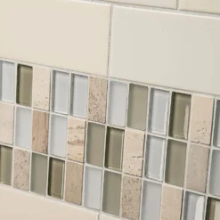 Cottage Ridge Cream 11.625 in. x 11.625 in. Mixed Glass Travertine and Glass Mosaic Tile (9.38 sq. ft./Case) by Jeffrey Court -The Elite Tile Sales Store cream jeffrey court glass tile 99188 a0 1000