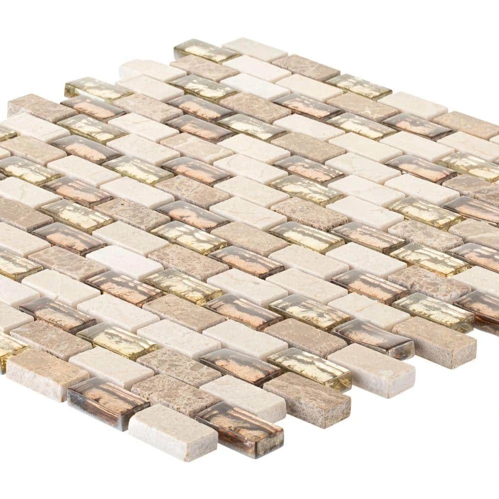 Molten 11.875 in. x 11.25 in. Interlocking Cream Glass/Cream and Emperador Marble Mosaic Tile (.927 sq. ft./Each) by Jeffrey Court 8 Molten 11.875 in. x 11.25 in. Interlocking Cream Glass/Cream and Emperador Marble Mosaic Tile (.927 sq. ft./Each) by Jeffrey Court - Image 6