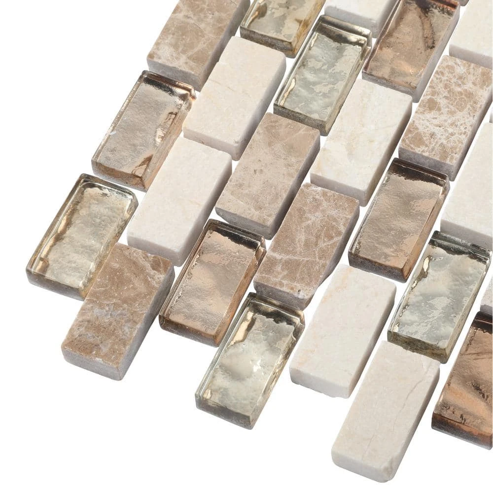 Molten 11.875 in. x 11.25 in. Interlocking Cream Glass/Cream and Emperador Marble Mosaic Tile (.927 sq. ft./Each) by Jeffrey Court 5 Molten 11.875 in. x 11.25 in. Interlocking Cream Glass/Cream and Emperador Marble Mosaic Tile (.927 sq. ft./Each) by Jeffrey Court - Image 3