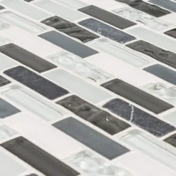 Silver Tradition Mini Brick Gray 9.75 in. x 11.875 in. Interlocking Mixed Glass/Marble Mosaic Tile (8.04 sq. ft./Case) by Jeffrey Court -The Elite Tile Sales Store gray jeffrey court glass tile 99151 1d 1000