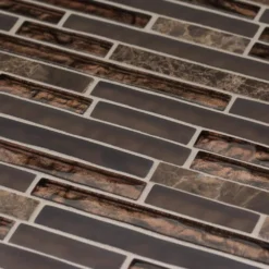 Walnut Foil Emperador Pencil 10.75 in. x 11 in. x 8mm Interlocking Textured Glass Marble Mosaic Tile (8.21 sq. ft./Case) by Jeffrey Court -The Elite Tile Sales Store walnut brown jeffrey court glass tile 99601 1d 1000
