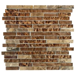 Walnut Foil Emperador Pencil 10.75 in. x 11 in. x 8mm Interlocking Textured Glass Marble Mosaic Tile (8.21 sq. ft./Case) by Jeffrey Court