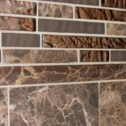 Walnut Foil Emperador Pencil 10.75 in. x 11 in. x 8mm Interlocking Textured Glass Marble Mosaic Tile (8.21 sq. ft./Case) by Jeffrey Court -The Elite Tile Sales Store walnut brown jeffrey court glass tile 99601 a0 1000