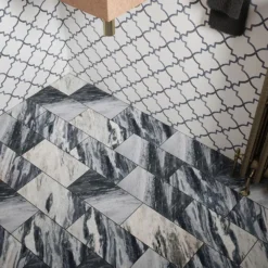 Medieval White/Grey 12.125 in. x 13 in. Arabesque Honed Carrara Marble/Gloss Blue Glass Mosaic Tile (10.946 sq.ft./Case) by Jeffrey Court -The Elite Tile Sales Store white grey jeffrey court marble tile 13029 44 1000