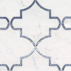 Medieval White/Grey 12.125 in. x 13 in. Arabesque Honed Carrara Marble/Gloss Blue Glass Mosaic Tile (10.946 sq.ft./Case) by Jeffrey Court -The Elite Tile Sales Store white grey jeffrey court marble tile 13029 a0 1000
