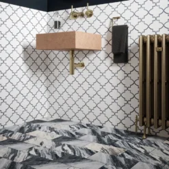 Medieval White/Grey 12.125 in. x 13 in. Arabesque Honed Carrara Marble/Gloss Blue Glass Mosaic Tile (10.946 sq.ft./Case) by Jeffrey Court -The Elite Tile Sales Store white grey jeffrey court marble tile 13029 fa 1000