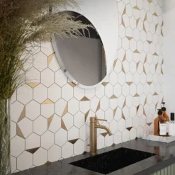Bees Knees White 13 in. x 11.125 in. Hexagon Honed Marble and Metal Mosaic Wall and Floor Tile (10.04 sq. ft./Case) by Jeffrey Court -The Elite Tile Sales Store white jeffrey court marble tile 13017 c3 1000