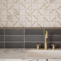 Jazzy White/Gold 11.75 in. x 11.75 in. Square Honed Calacatta Marble/Gold Metal Mosaic Tile (9.588 sq. ft./Case) by Jeffrey Court -The Elite Tile Sales Store white jeffrey court marble tile 13031 1f 1000