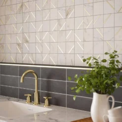 Jazzy White/Gold 11.75 in. x 11.75 in. Square Honed Calacatta Marble/Gold Metal Mosaic Tile (9.588 sq. ft./Case) by Jeffrey Court -The Elite Tile Sales Store white jeffrey court marble tile 13031 44 1000